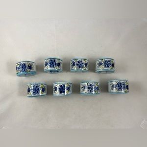 6 Tanala ceramic napkin rings blue white yellow floral motif folk art pottery